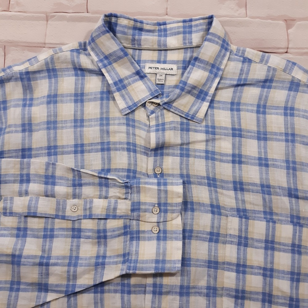 Peter‎ Millar Linen Shirt Mens 2X Big Classic Fit Lightweight Breathable Blue